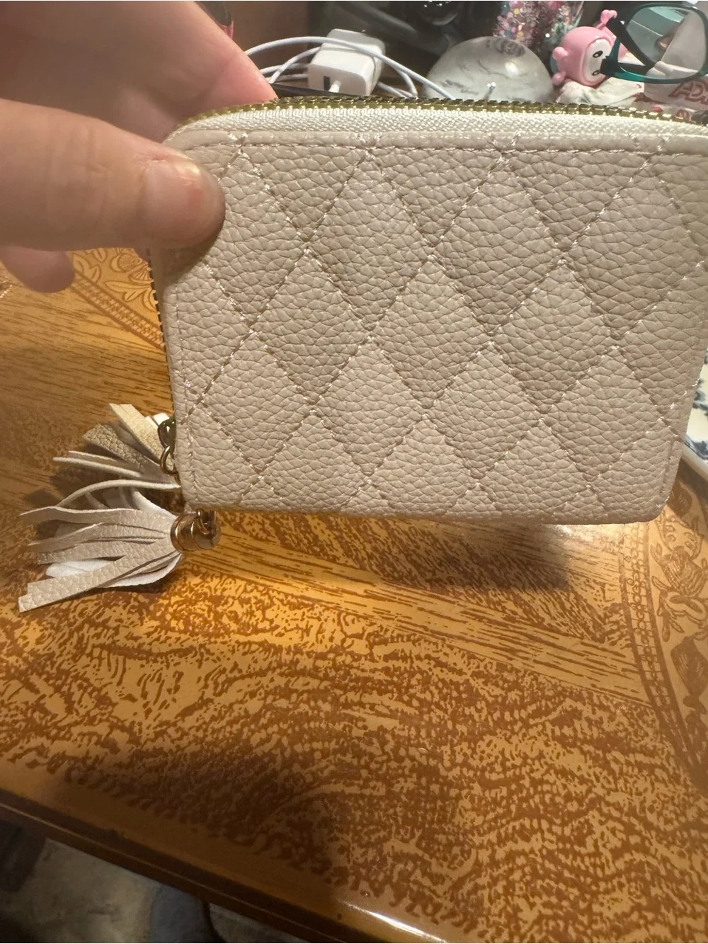 Quilted Cream Leather Wristlet Wallet with Tassel